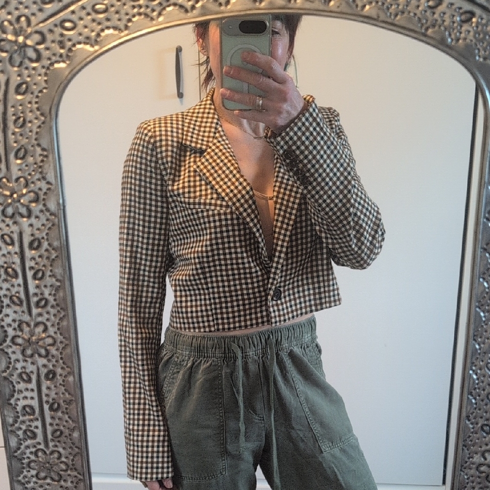 Blu Pepper Brown Checkered Cropped Blazer